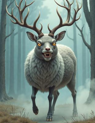 The primary subject of the image is a large, ferocious-looking animal with antlers, standing in a forest. The setting is a forest with trees in the background. The visual style is a digital art or illustration, giving the image a surreal and eerie atmosphere. The dominant colors are dark and muted, with the animal's antlers and eyes being the most prominent features.